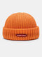 Unisex Cotton Knitted Solid Color Letter Label Thick Warmth Brimless Beanie Landlord Cap Skull Cap - Orange