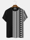 Mens Vintage Geometric Print Patchwork Knit Short Sleeve T-Shirts - Black