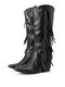 Women Pointed Toe Retro Fashion Chunky Heels Mid-Calf Tassel Cowboy Boots - Black