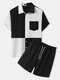 Mens Color Block Patchwork Button Up Daily Two Pieces Outfits - Black