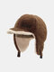 Unisex Lambswool Plush Letters Embroidery Thickened Ear Protection Autumn Winter Warmth Curved Brim Trapper Hat - Brown