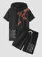 Mens Plum Bossom Chinese Poems Print Hooded Two Pieces Outfits - Black