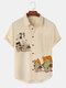 Mens Japanese Cartoon Cat Print Lapel Short Sleeve Shirts - Apricot