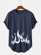 Mens Flame Print O-Neck Short Sleeve Light Casual High Low T-Shirts - Blue