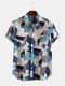 Mens 100%Cotton Color Block Chest Pocket Turn Down Collar Short Sleeve Shirts - Blue