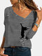 Stripe Cat Print Long Sleeve V-neck Casual Blouse For Women - Black