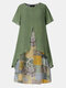 Summer Vintage Print Patchwork Plus Size Maxi Dress with Pockets - Green
