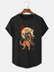 T-shirts à manches courtes pour hommes, imprimé chat guerrier japonais, ourlet incurvé, hiver - Noir