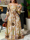 Plus Size Women Vintage Baroque Print Off Shoulder Maxi Dress - Apricot