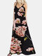 Floral Print Spaghetti Straps V-neck Sleeveless Maxi Dress - Black