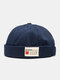 Unisex Solid Cotton Side Contrast Color Letters Patch Fashion Brimless Beanie Landlord Cap Skull Cap - Navy