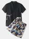 Mens V-Neck Lace-Up Pocket Top Geometric Print Shorts Loungewear Japanese Style Sauna Suit - Black