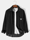 Mens Corduroy Solid Lapel Button Drop Shoulders Cotton Long Sleeve Shirts - Black