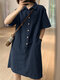 Solid Button Front Pocket Short Sleeve Lapel Casual Dress - Navy