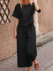 Solid Elastic Waist Short Sleeve Cotton Casual Suit - Black
