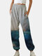 Casual Landscape Print Elastic Waist Pocket Pants For Women - Gray