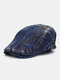 Men Washed Distressed Denim Solid Color Embroidery Thread Casual Sunscreen Beret Flat Cap - Dark Blue