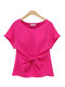 Solid Color O-neck Short Sleeve Bow Tie Chiffon T-Shirt - Rose Red