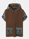 Mens Tribal Geometric Print Patchwork Double Pocket Short Sleeve Hooded T-Shirts - Brown