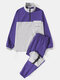 Mens Contrast Stitching Stand Collar Sweatshirt Street Two Pieces Outfits - Purple