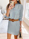 Solid Color Lapel Collar Long Sleeve Button Midi Denim Dress - Blue