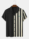 Mens Striped Patchwork Script Print Revere Collar Short Sleeve Shirts - Black