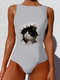 Plus Size Women Cute Cat Print High Neck Sleeveless One Piece Slimming Swimsuit - Gray