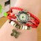 Vintage Quartz Wristwatch Butterfly Pendant Beaded Leather Multilayer Watch Ethnic Jewelry for Women - Red