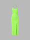 Solid Open Back Chain Halter Slit Drawstring Sexy Dress - Green