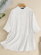 Solid Loose Button Front Stand Collar Half Sleeve Blouse - White