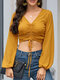 Solid Color Drawstring V-neck Long Sleeve Tank Top - Yellow