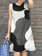 Women Abstract Color Block Print Crew Neck Sleeveless Dress - Black