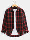 Mens Check Button Up Lapel Long Sleeve Cotton Shirts - Red