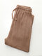 Women Cotton Linen Solid Color Thin Comfortable Home Drawstring Pants - Coffee