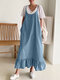 Solid Ruffle Hem Sleeveless Strap Denim Maxi Dress - Blue