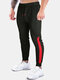 Mens Contrast Side Stripe Stitching Sports Drawstring Joggers Pants - Black