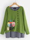 Cartoon Cat Stripe Fake Two Pieces Long Sleeve Plus Size Blouse - Green