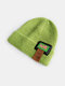 Unisex Knitted Solid Color Jacquard Letter Label Flanging All-match Warmth Brimless Beanie Hat - Green