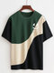 メンズ スマイルパターン カラーブロック パッチワーク クルーネック Tシャツ - 濃い緑色