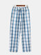 Casual Breathable Blue Plaid Home Drawstring Button Crotch Pajamas Pants With Pockets - Lake Blue