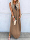Feather Print Sleeveless Loose Casua Maxi Dress For Women - Brown