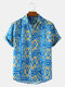 Mens Ethnic Style Print Casual Light Lapel Collar Short Sleeve Shirts - Blue