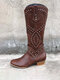 Women Pointed Toe Rivet Pattern Retro Slip On Chunky Heel Cowboy Boots - Brown