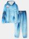 Mens All Over Chinese Landscape Print Hoodie Two Pieces Outfits With Sweatpants - Blue