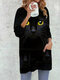 Cat Face Print Long Sleeve O-neck Casual Blouse For Women - Black