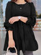 Women Solid Puff Sleeve Tiered Crew Neck Blouse - Black