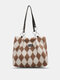 Women Plush Fashion Argyle Pattern Color Matching Winter Handbag Tote - Khaki