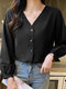 Solid Long Sleeve V-neck Button Front Blouse - أسود