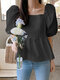 Solid Pleated Puff Sleeves Square Collar Blouse For Women - Black