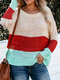 Striped Contrast Color Long Sleeve O-neck Sweater For Women - Pink
